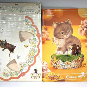 Vintage 1980 Hallmark‎ Birthday Kitty Party Supplies Centerpiece Hats Stickers